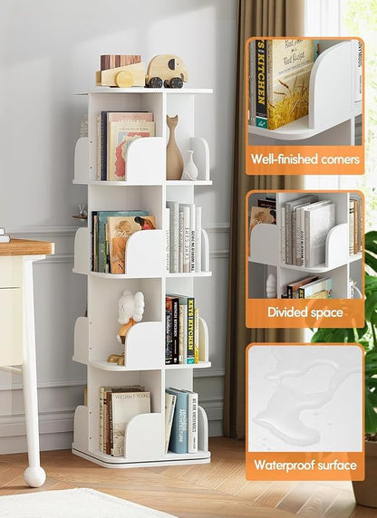 Turosur Rotating Bookshelf Tower, 4 Tier Spinning Square Bookshelf for Small Spaces, 360 Display Kids Bookshelves, Revolving Bookcase Floor Standing Storage Rack, White
