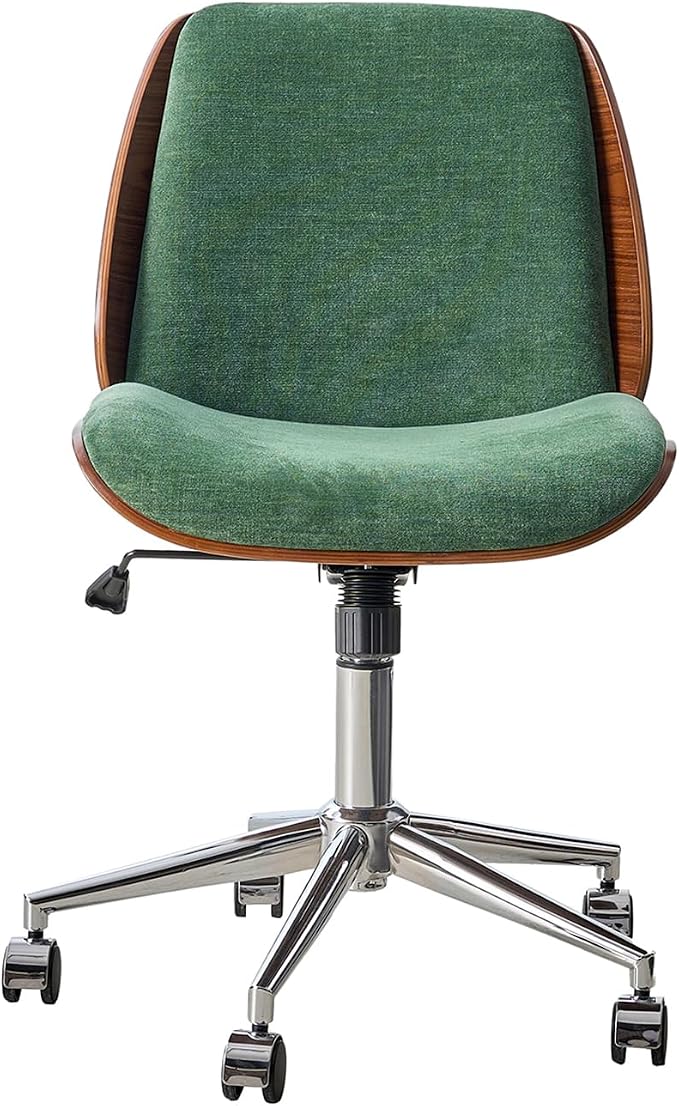 HULALA HOME Fabric Home Office Chair with Bent Wood Design & Rocking Tilt Function, Modern Swivel Desk Chair with Adjustable Height, Comfy Upholstered Armless Computer Task Chair, Forest