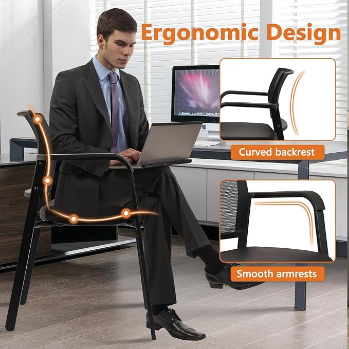 CLATINA Stackable Office Chair, Mesh Back Guest Chairs with Comfortable Leather Seat Arms Stacking Ergonomic Desk Chair No Wheels for Conference Waiting Reception School Stationary, Black, Set of 8
