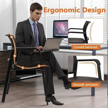 CLATINA Stackable Office Chair, Mesh Back Guest Chairs with Comfortable Leather Seat Arms Stacking Ergonomic Desk Chair No Wheels for Conference Waiting Reception School Stationary, Black, Set of 8