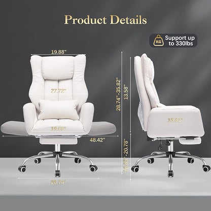 High Back Executive Office Chair with Footrest, Reclining PU Leather, Lumbar Support, Criss Cross Style, 155° Recline (Beige)