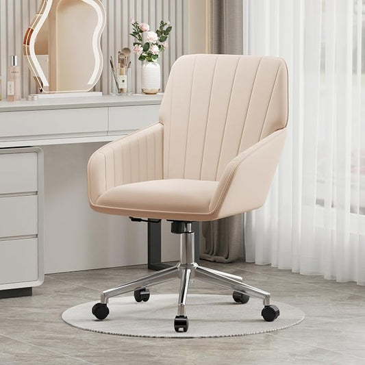 YISHENG Velvet Office Desk Chair with Silver Base, with Wheels,Modern Height Adjustable 360 Degree Swivel Upholstered Vanity Chairs with Arms for Living Room Bedroom,Khaki