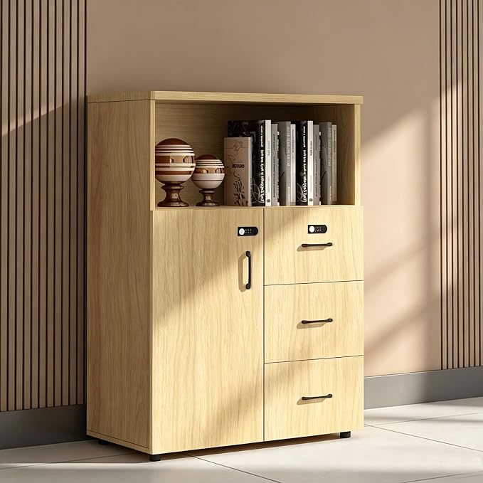 File Cabinet with Password Lock, Wood Lateral Filing Cabinet for Letter/A4 Files, 3 Drawer with Door, Printer Stand with Open Shelves for Home Office