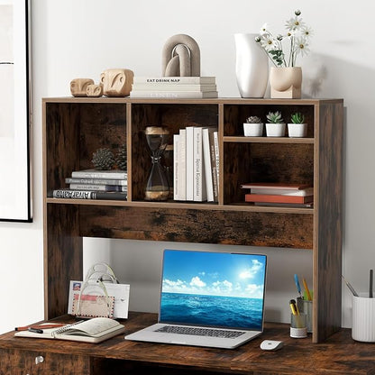 GOFLAME 4 Cubes Desktop Bookshelf, 37” Tabletop Wood Desk Shelf for Computer Monitor, Modern Countertop Desk Display Hutch Storage Organizer Shelf for Home Office, Dorm, Study, Rustic Brown