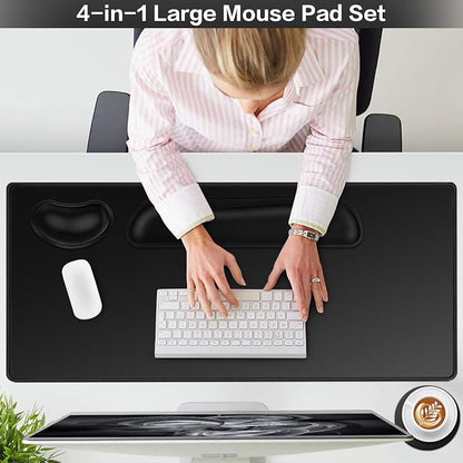 Mouse Pad Black, Mouse Pad with Wrist Rest, 4-in-1 Large Mousepad+Keyboard Wrist Rest+Mouse Pad Wrist Support+Cup Pad Set,Ergonomic Anti-Slip,Memory Foam Desk Mat for Home Office Gaming(35.4×15.7in)