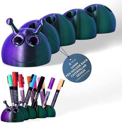 S I Schaller Industries Aesthetic Pen Holder for Desk 16mm Slot Size-Fun Metallic Purple Green Caterpillar Pencil Holder - Cute Pen Rack Holds 15 Pens, Compatible with Pencil, Marker & Office Supplies