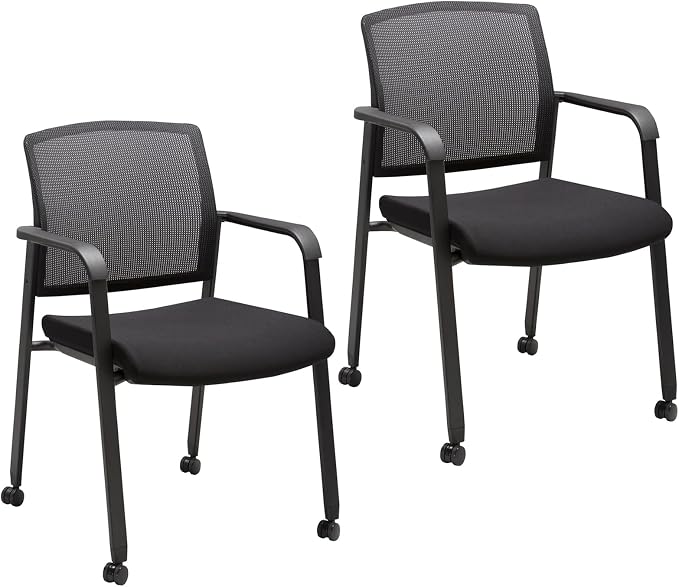 CLATINA Mesh Back Guest Reception Arm Chairs with Wheels, Waiting Room Chairs with Upholstered Fabric Seat and Ergonomic Lumbar Support for Office Conference School Church Black (2 Pack)