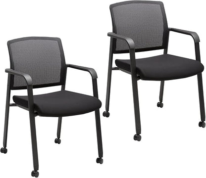 CLATINA Mesh Back Guest Reception Arm Chairs with Wheels, Waiting Room Chairs with Upholstered Fabric Seat and Ergonomic Lumbar Support for Office Conference School Church Black (2 Pack)