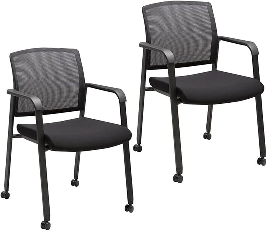 CLATINA Mesh Back Guest Reception Arm Chairs with Wheels, Waiting Room Chairs with Upholstered Fabric Seat and Ergonomic Lumbar Support for Office Conference School Church Black (2 Pack)