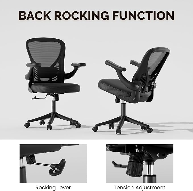 Ollega Computer Desk Chair with Wheels, Mesh Office Chair with Flip Up Arms, Adjustable Lumbar Support, Swivel Desk Chair Comfy, Black