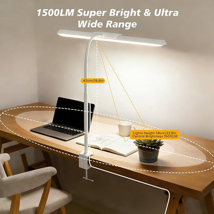 LED Desk Lamp for Office Home, Stepless Dimming Architect Desk Light with DC Adapter, Eye-Caring Desk Lamp with Clamp, 25 Lighting Modes Adjustable 12.8in Flexible Gooseneck for Workbench(White)