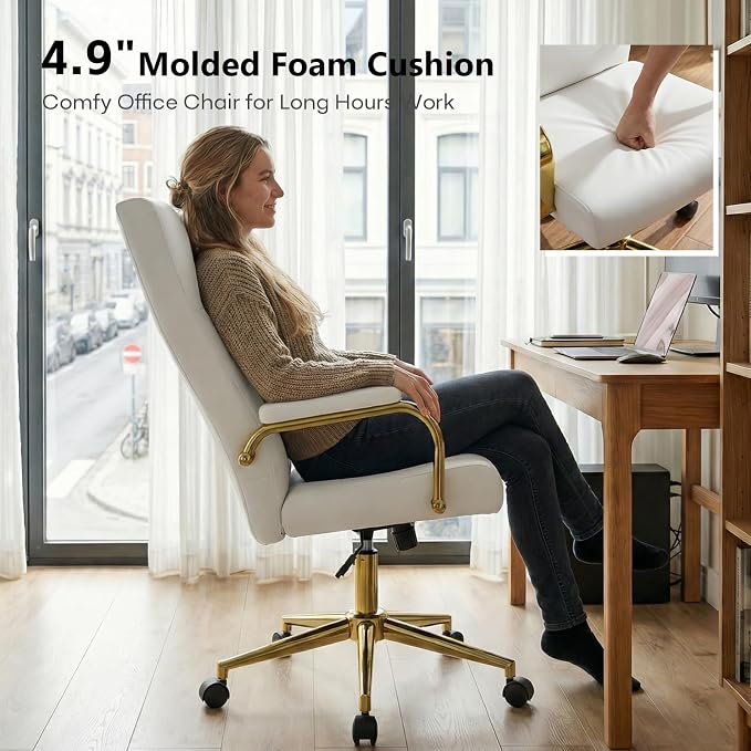 GXJ White and Gold Office Chair with Memory Foam Seat, Computer Desk Chair | 4.9'' Memory Foam Seat and 4.7'' Comfortable Backrest, High Back Leather Executive Chair with Wheels and Arms for Women