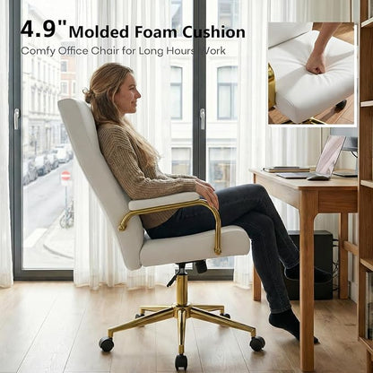 GXJ White and Gold Office Chair with Memory Foam Seat, Computer Desk Chair | 4.9'' Memory Foam Seat and 4.7'' Comfortable Backrest, High Back Leather Executive Chair with Wheels and Arms for Women