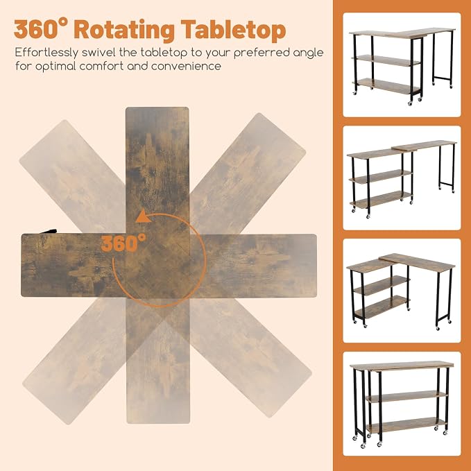 GOFLAME 360° Rotating Sofa Side Table, Mobile Couch Side End Table with 2-Tier Storage Shelves, Swivel Rolling Desk w/Metal Frame, 6 Casters, Movable Laptop Table for Home Office, Patented, Brown
