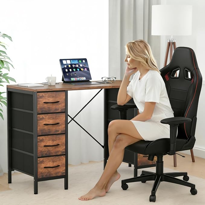Sweetcrispy Computer Desk with 8 Fabric Drawers for Home Office Bedroom, 47 Inch Gaming Writing Study Table with X-Shaped Reinforced Structure PC Desk, Brown