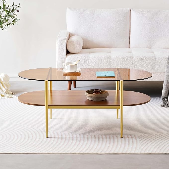 LumFurn Oval Glass Coffee Table, Mid-Century Modern Design, L41 x W21 x H17 inch, for Living Room, 2-Tier Structure, Amber Glass Top and Walnut Finish Wood Shelf, Conical Legs with Gold Finish Frame