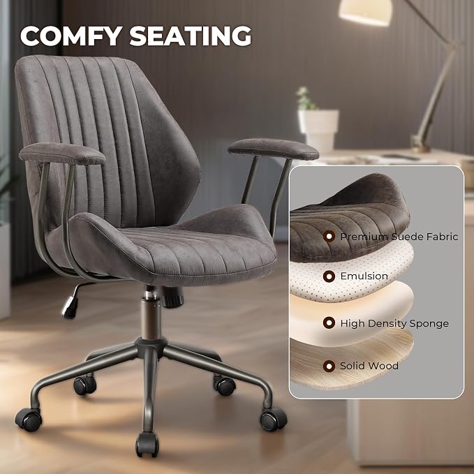 Home Office Chair,Ergonomic Computer Chair with Lumbar Support Adjustable Height,Mid-Century Modern Office Chair with Rolling Swivel Chair for Home Office Game Study(Suede Mid Back Chair,Gray)