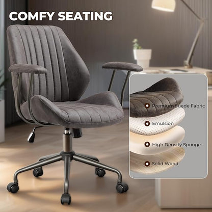 Home Office Chair,Ergonomic Computer Chair with Lumbar Support Adjustable Height,Mid-Century Modern Office Chair with Rolling Swivel Chair for Home Office Game Study(Suede Mid Back Chair,Gray)
