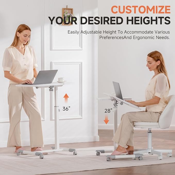 GTPLAYER Small Standing Desk, 28 Inches Tiltable Mobile Rolling Laptop PC Table with Lockable Casters, Adjustable Height Overbed Bedside Table Computer Workstation for Home Office, White-Tiltable
