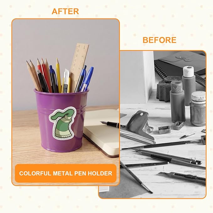 8 Pcs Colorful Metal Pen Holder, Desktop Pencil Cups with School Theme Sticker, Mini Pencil Bucket Makeup Brush Storage Organizer, Crayon Organizer for Classroom Office Home Stationery Supply