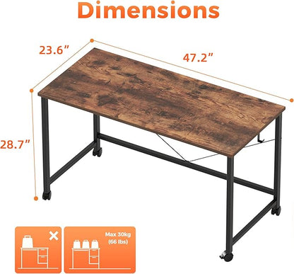 Mericonia 48 inch Rolling Computer Desk with Wheels, Gaming Desk for Small Spaces, Modern Simple Style Table for Home Office, Study Writing Table
