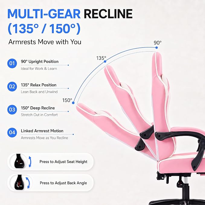 Desk Computer Gaming Chair - High Back Ergonomic Office Chair with Footrest and Lumbar Support, Swivel Comfy Home Gamer Video Game Chairs with Pocket Spring Cushion for Adults (Pink Leather)