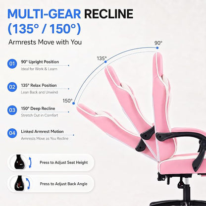 Desk Computer Gaming Chair - High Back Ergonomic Office Chair with Footrest and Lumbar Support, Swivel Comfy Home Gamer Video Game Chairs with Pocket Spring Cushion for Adults (Pink Leather)
