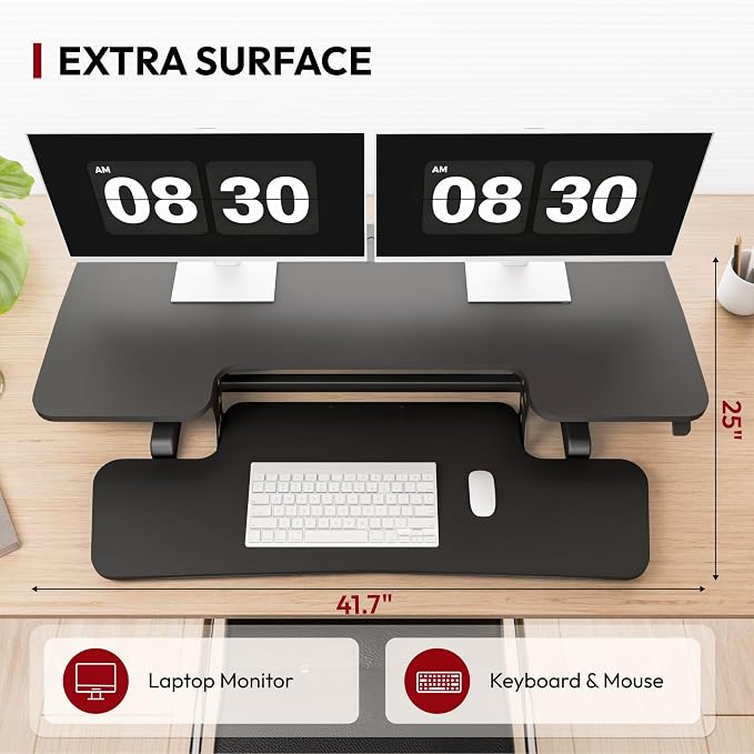 SANODESK 42" Extra Large Standing Desk Converter, Height Adjustable Sit Stand Riser with Wide Keyboard Tray, Dual Monitor Workstation for Home Office, Ergonomic Desktop Riser, Black