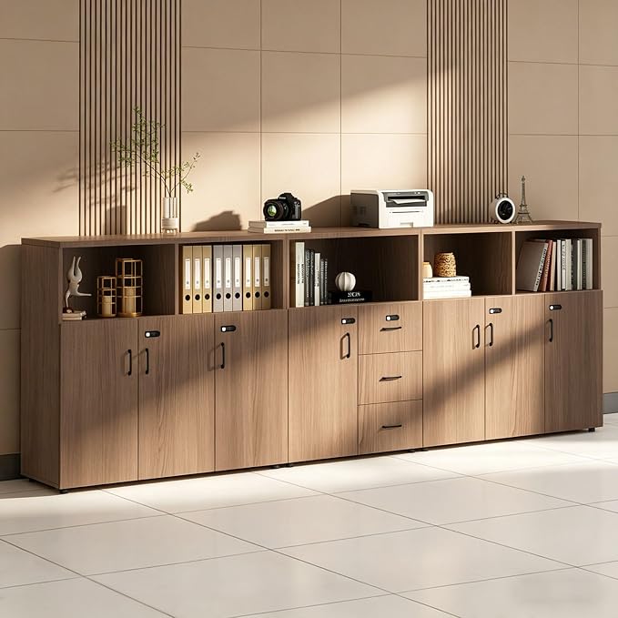 File Cabinet with Password Lock, Wood Lateral Filing Cabinet for Letter/A4 Files, 3 Drawer with Door, Printer Stand with Open Shelves for Home Office
