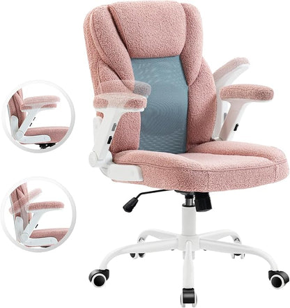 SEATZONE Pink Home Desk Office Chair with Arms and Wheels, Comfortable Executive Computer Chair, Breathable Mesh and Teddy Fleece Fabric Swivel Task Chairs for Women&Girls