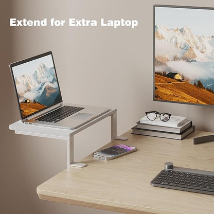 Desk Extender, 15-inch Clamp-On Desk Shelf, Height-Adjustable Desktop Shelf Organizer for Monitors Office and Gaming Accessories, Arm Support Table Extension, 44lbs Heavy Duty, White