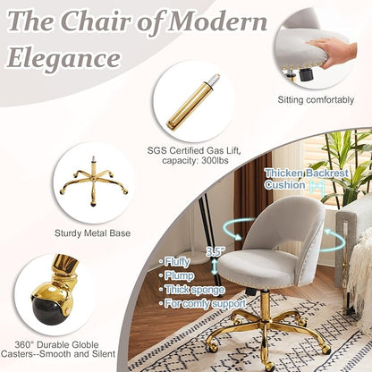 VINGLI Stylish Vanity Chair with Back, Girl Desk Chair with Silent Wheels and Velvet, Grey
