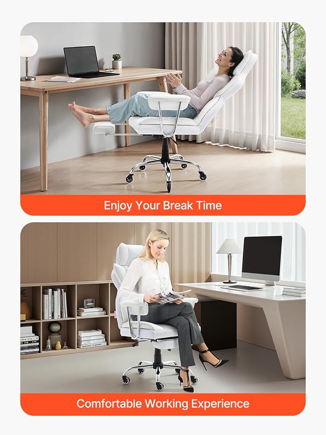 VEVOR Reclining Office Chair with Footrest, Heavy Duty PU Leather Oversize Office Chair, Big and Tall Executive Office Chairs with Lumbar Support, Strong Metal Base Quiet Wheels, White
