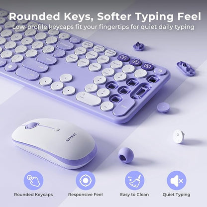 seenda COE202 Wireless Bluetooth Keyboard and Mouse Combo, Lilac Purple | USB & Dual Bluetooth for 3-Device Switching, Soft Quiet Round Keys, Silent Clicks, Full-Size for PC/Laptop/Mac/MacBook/iPad