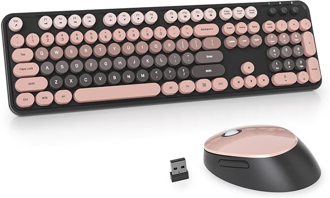 Guffercty kred Pink and Black Keyboard Mouse Wireless, Retro Typewriter Round Keycaps Full-Size Wireless Keyboard 2.4GHz for Desktop Laptop and PC (Dark Plum)
