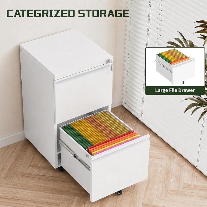 2 Drawer File Cabinet with Lock,Rolling Filing Cabinet with Wheels for Home Office,Under Desk Metal File Cabinet,Office Storage Organizer,White