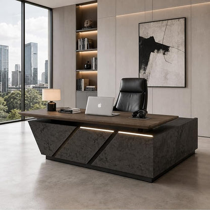 SAINTCY 78.7 Inch Adjustable Executive Desk - Luxury L Shaped Desk with Drawers, Large Table with File Cabinets, Executive Office Desks with LED Light Strip Home Office Desk for Professionals