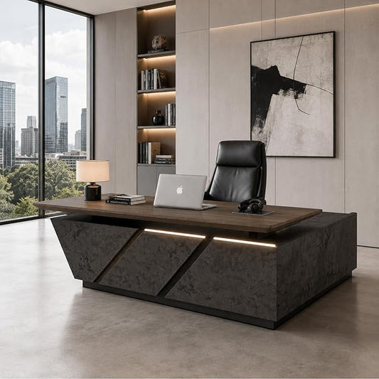 SAINTCY 86.6in Adjustable Executive Desk - Luxury L Shaped Desk with Drawers, Large Table with File Cabinets, Executive Office Desks with LED Light Strip Home Office Desk for Professionals
