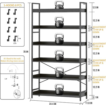 HCHQHS Bookshelf, Adjustable Industrial Bookcase, Vertical Tall Book Shelf, Wood and Black Metal Open Bookshelves for Home Office, Living Room, Bedroom (Black, 6-Tier (31" W x 70" H))