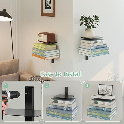 Floating Book Shelves for Wall, 4 Tier Invisible Floating Bookshelf, Vertical Spine Book Tower, Wall Mounted & Space Saving, Heavy Duty Metal Book Organizer for Home Office, 2 Pack Black