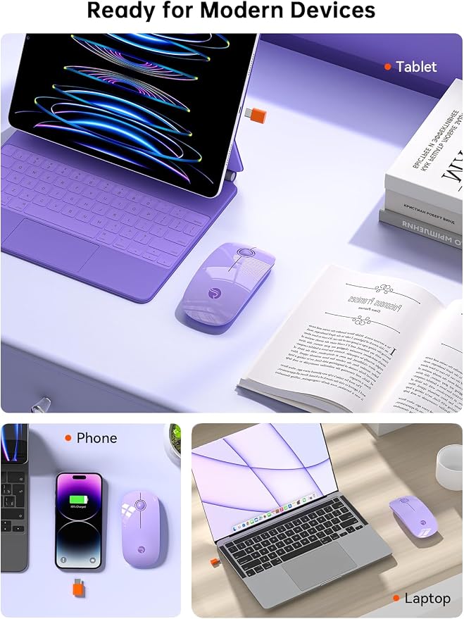 RAPIQUE Type C Wireless Mouse for USB-C Devices, Slim Silent Mouse with USB-C Receiver, 800/1200/1600 DPI, AA Battery Powered, Portable 2.4GHz Wireless Mouse for MacBook, iPad Pro, Laptop – Purple