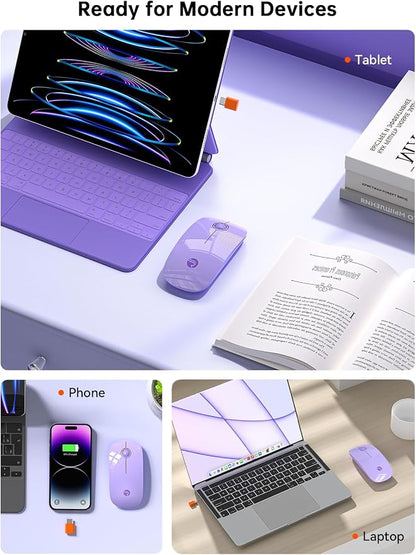 RAPIQUE Type C Wireless Mouse for USB-C Devices, Slim Silent Mouse with USB-C Receiver, 800/1200/1600 DPI, AA Battery Powered, Portable 2.4GHz Wireless Mouse for MacBook, iPad Pro, Laptop – Purple