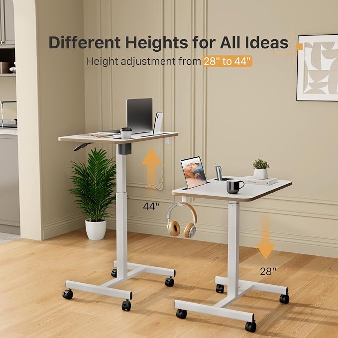 Mobile Standing Desk, Rolling Laptop Cart Adjustable Height with Cup Holder, 28 inch Portable Table with 4 Lockable Wheels, White Computer Workstation with Hook and Slots for Home Office