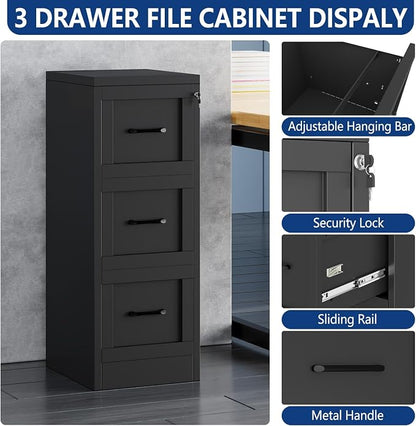 Ckzbx 3 Drawer File Cabinet with Lock, Narrow Vertical Filing Cabinet, Under Desk File Cabinets,Black Metal File Cabinets for Home Office,Fit Letter/A4/Legal Size File