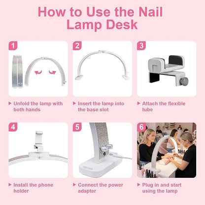 Half Moon Light for Nail Desk 31" Foldable LED Nail Desk Lamp with Phone Holder, Professional Nail Tech Light for Manicure & Beauty Studio