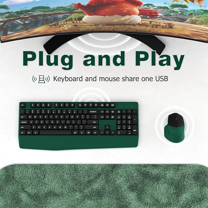 Wireless Keyboard and Mouse Combo, Ergonomic Keyboard with Wrist Rest, 2.4Ghz Wireless Connection, Compatible with PC/Laptop/Windows/Mac for Home and Office Use (Black Green)