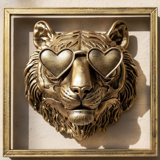Newinhome Animal Heads Wall Decor (Includes Metal Frame) Resin Animals Sculptures Head Wall Hanging Decoration Gold vintage Wall Sculpture for Living Room Bedroom Office(Tiger)