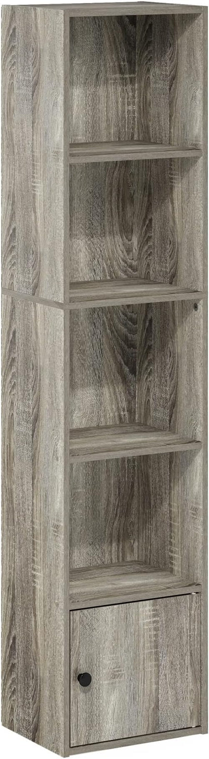 Furinno LUDER Book Shelf, 5-Tier Modern Bookshelf, Bookcase with 1 Door Storage Cabinet, 9.3 x 12 x 52, for Organization and Storage, for Living Room, Bedroom, Home Office, French Oak