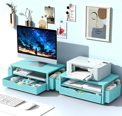 Spacrea Desk Organizer and Accessories, Computer Monitor Stand Riser with Drawer and 2 Pen Holders, Office Desk Accessories & Workspace Organizers for Office Supplies (Blue)