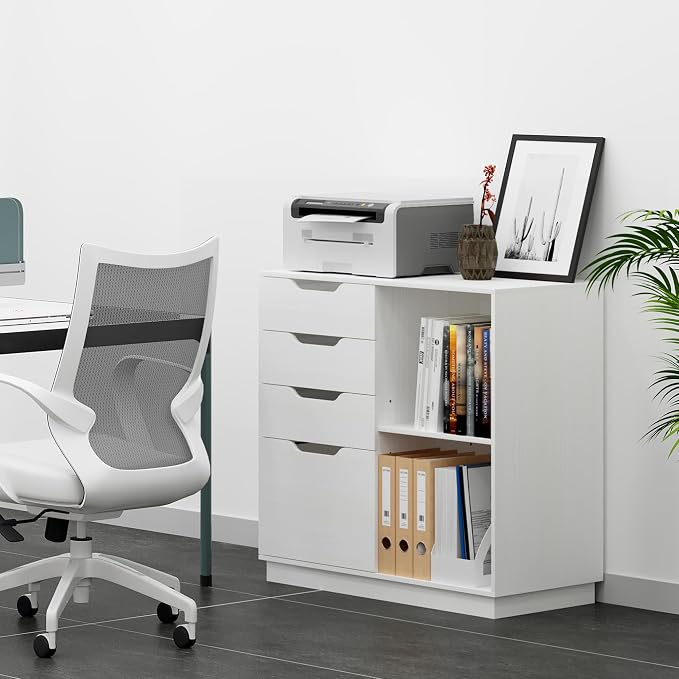 TQVAI 4 Drawer Filing Cabinet Organizer with 2 Open Shelves, Heavy Duty for Storing Letter A4 Size and Printer, Wood Lateral File Cabinets for Home Office, Hanging Files, White, Easy Assembly
